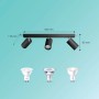 Schwarzer Philips Spot Idris 3-flammig, IP44, mit Maßen 442x119x83mm. Unten sind GU10 Leuchtmittel abgebildet.
