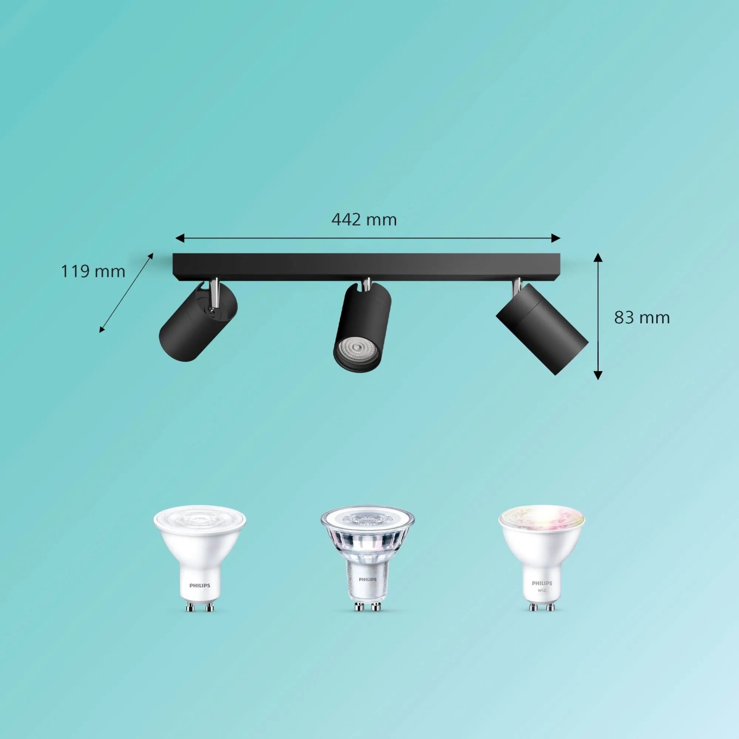 Schwarzer Philips Spot Idris 3-flammig, IP44, mit Maßen 442x119x83mm. Unten sind GU10 Leuchtmittel abgebildet.