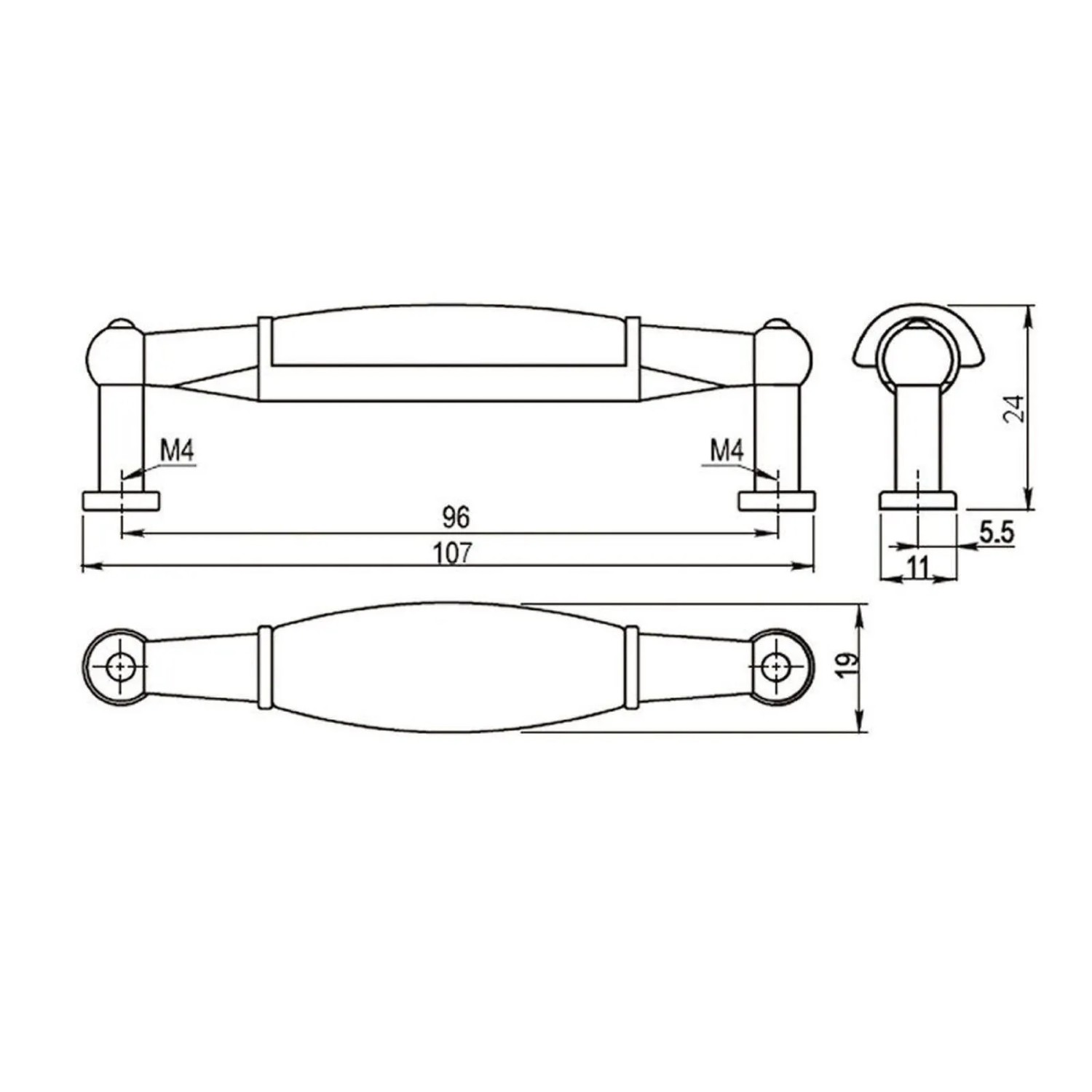 Technische Zeichnung des SOTECH Landhaus Möbelgriffs BA 96 mm. Ansichten mit Länge 107 mm, Bohrabstand 96 mm, Höhe 24 mm und M4 Schrauben.
