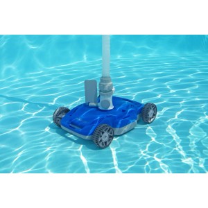 Blauer DELUKE Poolroboter MEGATRO zur autonomen Poolsäuberung im Wasser.