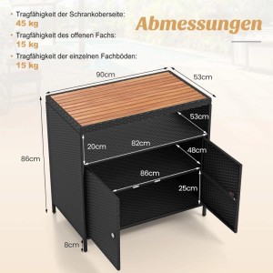 Costway Gartenschrank Rattan schwarz mit Akazienholzplatte, Maße dargestellt.