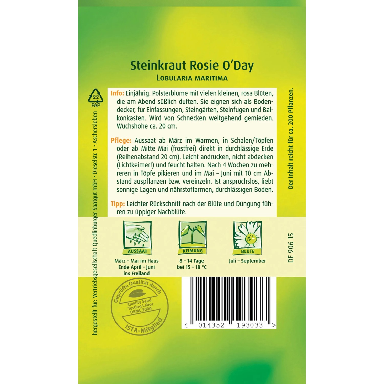 Samentüte Quedlinburger Steinkraut 'Rosie O'Day' mit rosa Blüten für Steingärten und Balkonkästen.