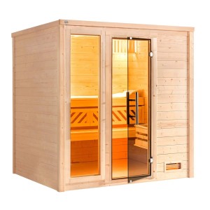Weka Massivholzsauna Bergen mit Glastür und Fenster, Fichtenholz natur, 5,4 kW Ofen