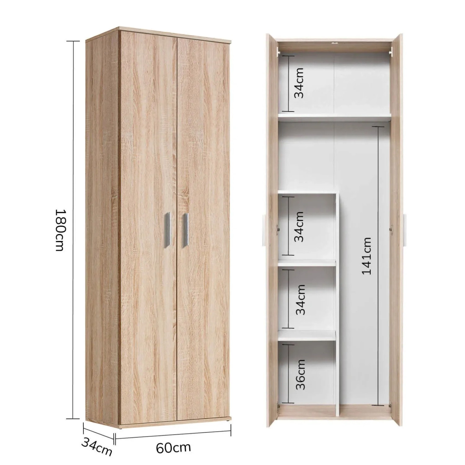 mokebo Besenschrank in Braun, ein Büroschrank mit Fächern und Stauraum, Maße sind dargestellt.