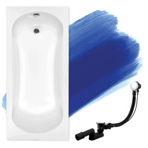 Weiße rechteckige Acryl-Badewanne ARIA 150x70 mit automatischem Ablauf und Füßen.