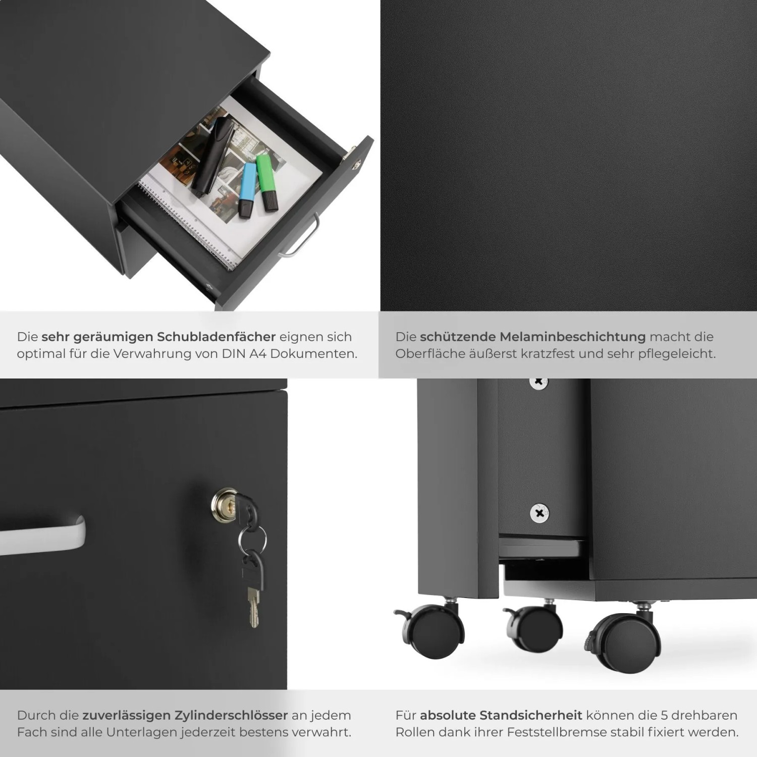 Tectake Rollcontainer Vagur Mit 2 Schubladen Für Dokumente Im A4 Format Abschließbar  Inkl  Ersatzschlüsseln  46 x 40 x 54 50 cm Schwarz_5