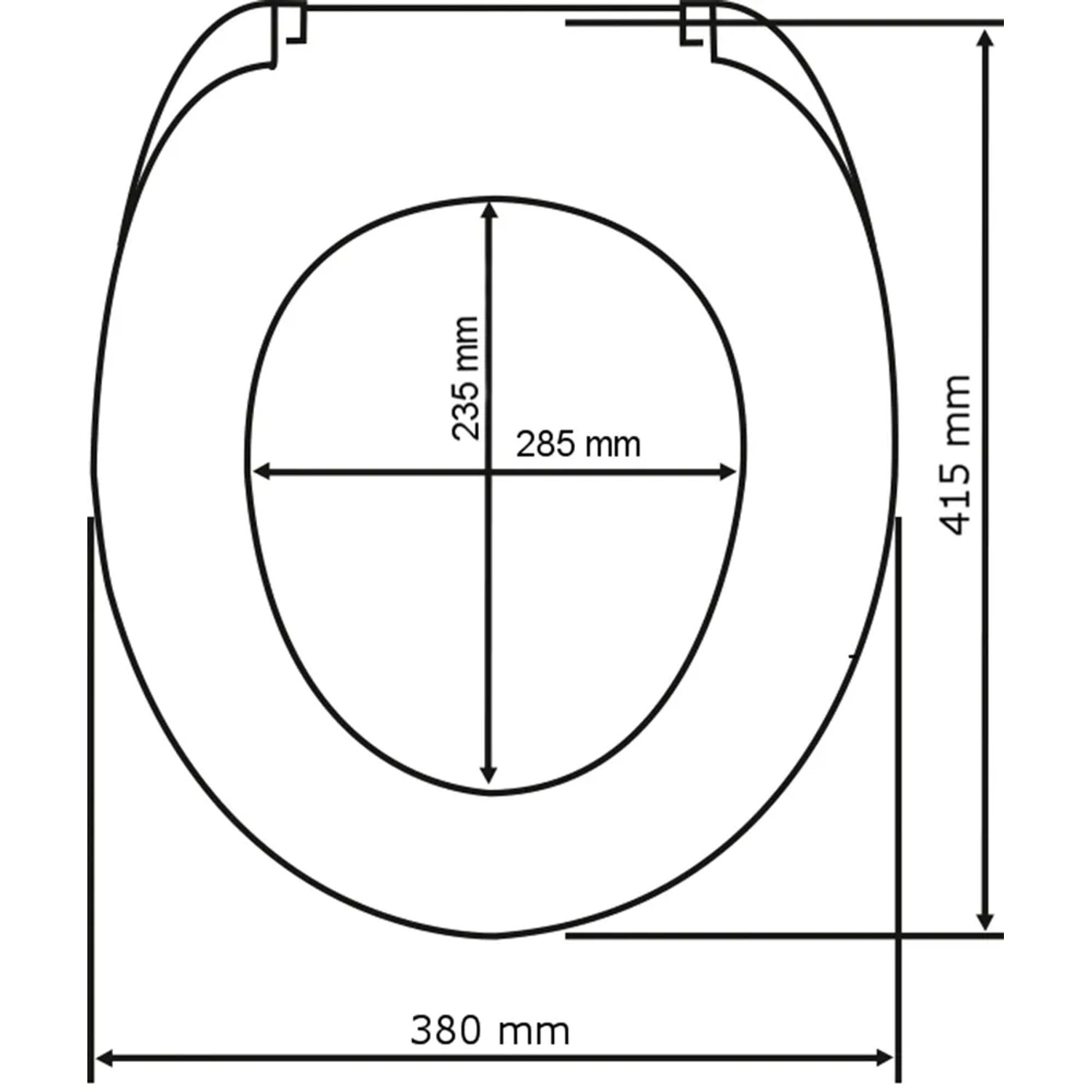 Technische Zeichnung: Wenko WC-Sitz Bois Duroplast mit Maßen für Montage und Passgenauigkeit.