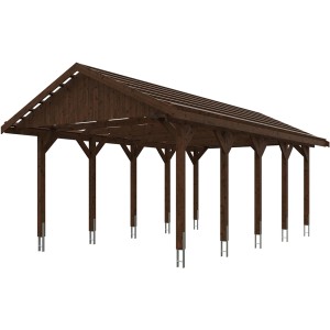 Satteldach-Carport Wallgau in Nussbaum, Holzkonstruktion mit Dachlattung.