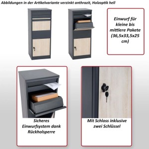 MCW Paketkasten G80, anthrazit verzinkt mit heller Holzoptik, sicherem Paketeinwurf und Briefschlitz, abschließbar.