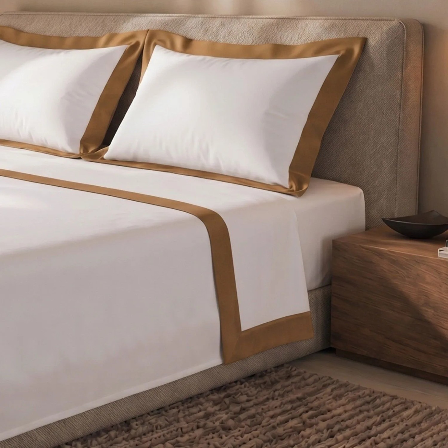 Weißes Baumwoll-Bettwäsche-Set für Doppelbett mit beiger Satin-Bordüre an Decke und Kissen.