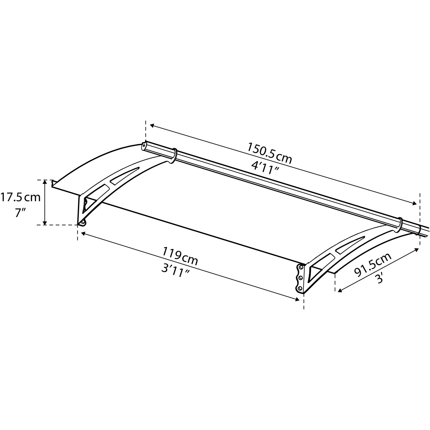 Graues Palram Canopia Vordach Aquila mit Maßangaben, ideal als Wetterschutz für den Eingangsbereich.