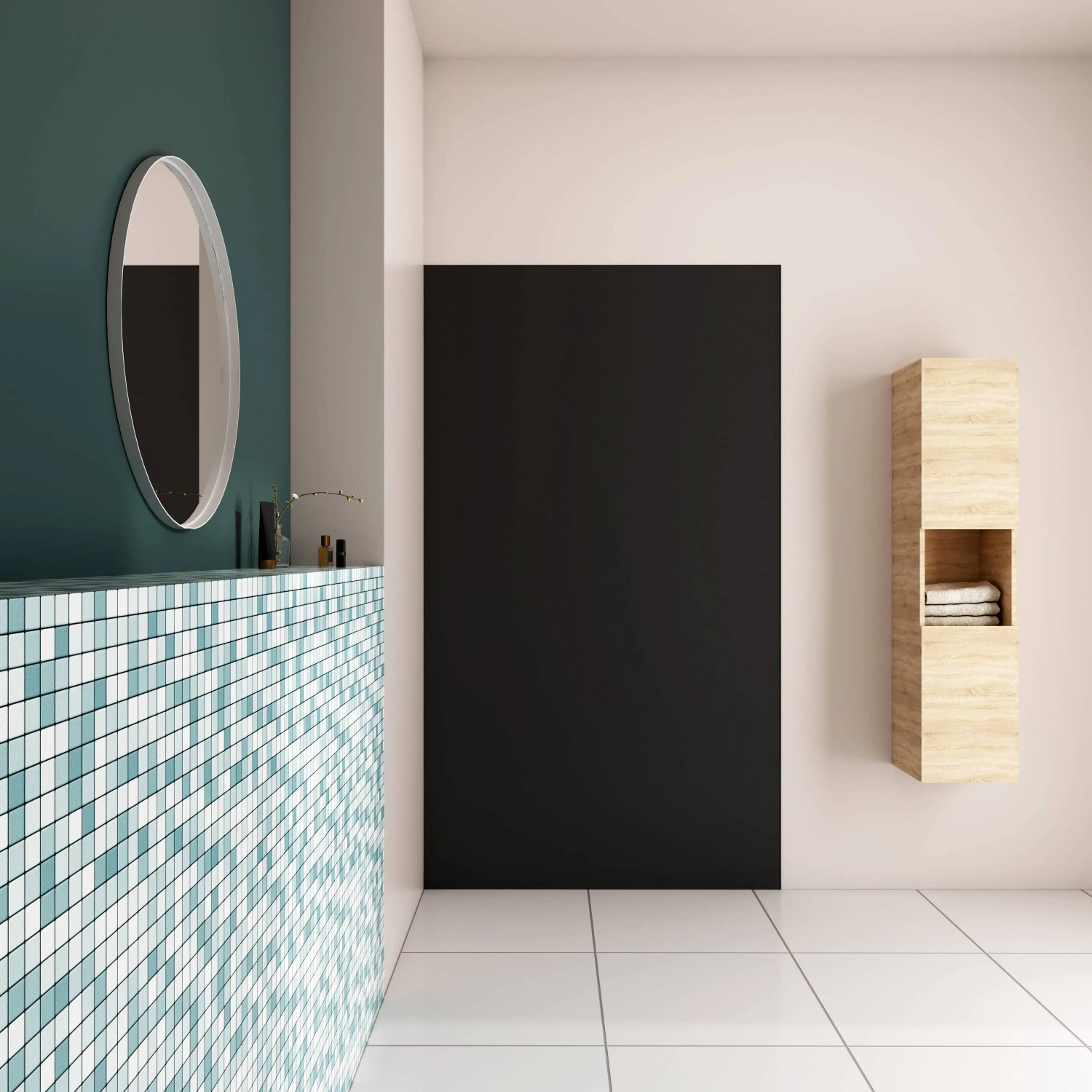 Matte schwarze AICA Duschrückwand (80x210cm) aus Aluverbund als Fliesenersatz.