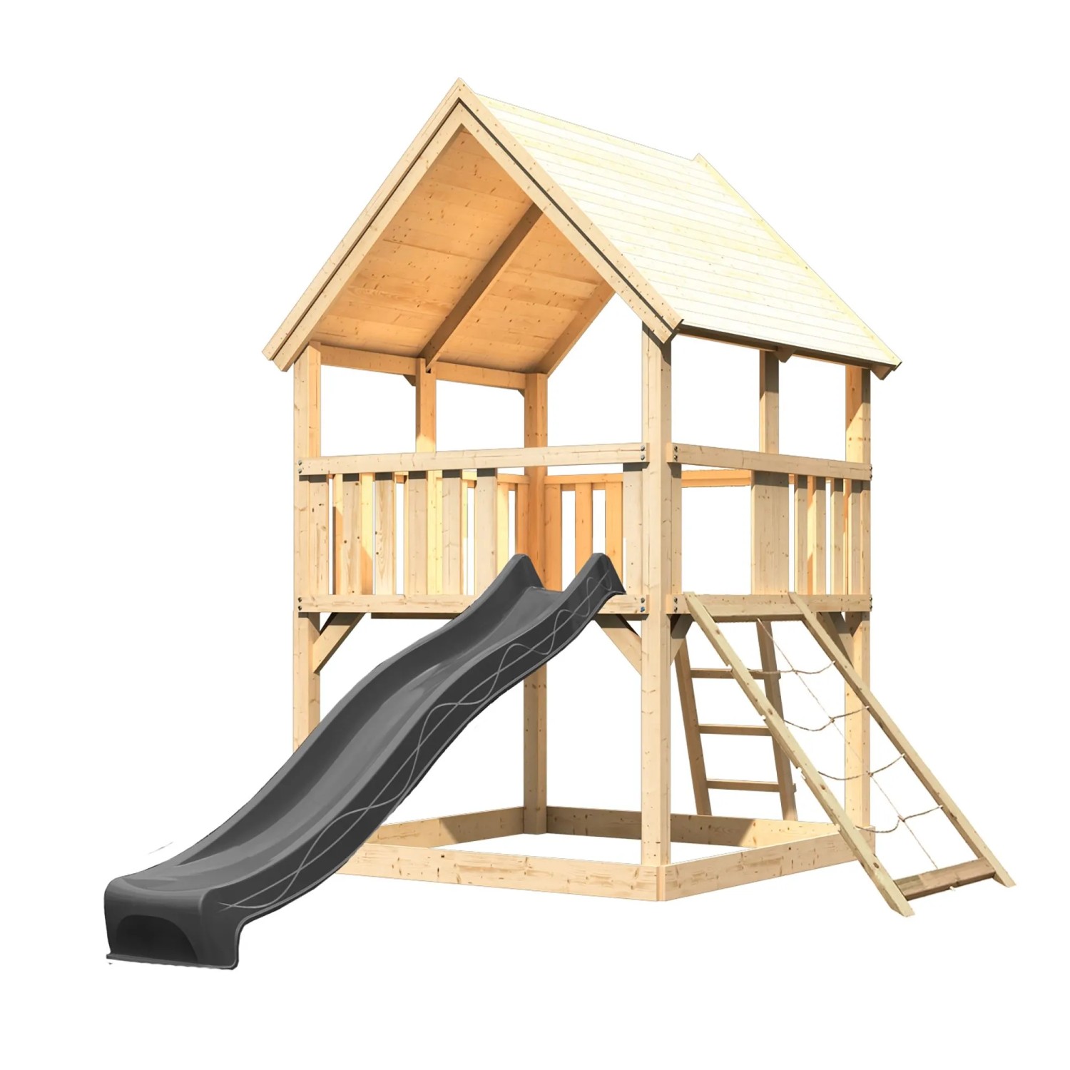 Karibu Spielturm Luis mit Rutsche u. Netzrampe Natur-Anthrazit