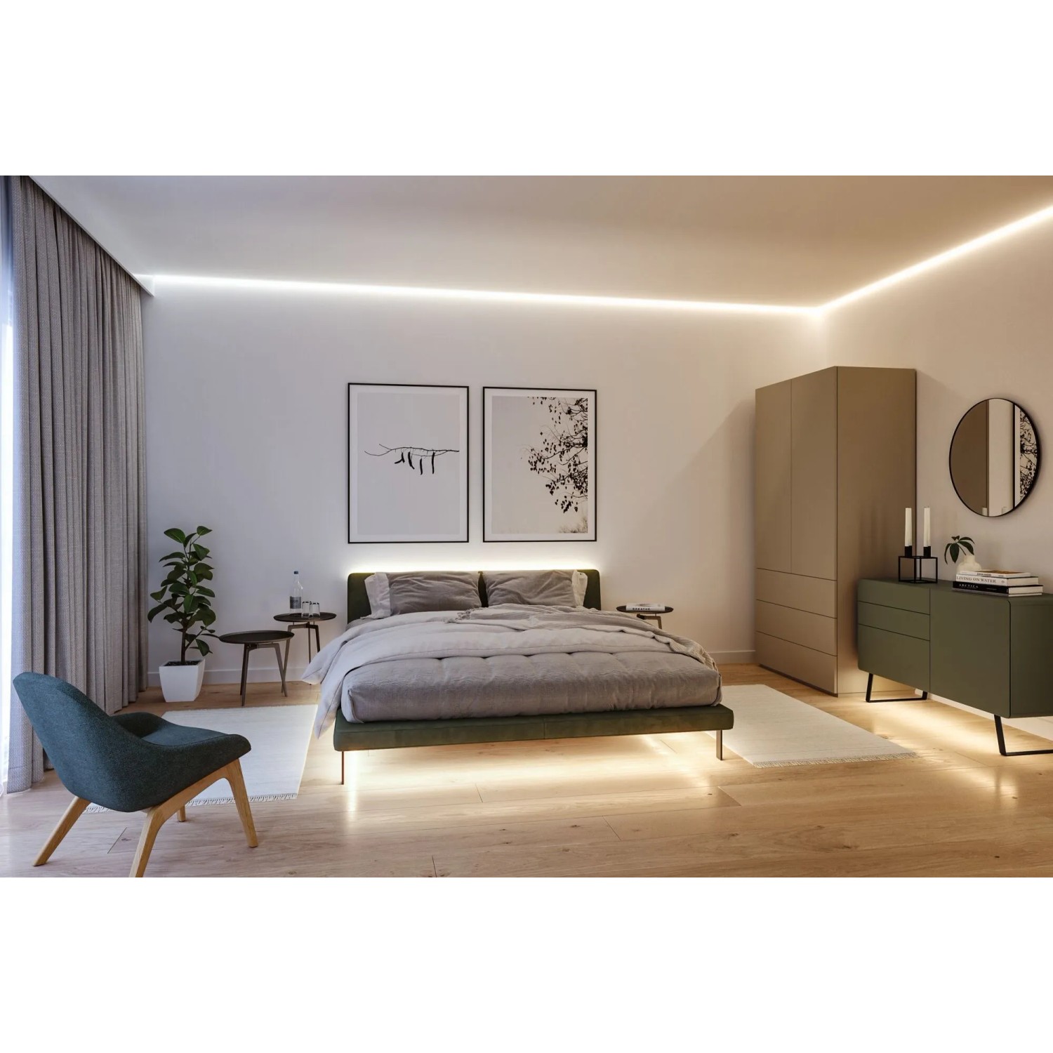 MaxLED 1000 COB LED-Strip mit Tunable White im Schlafzimmer. Indirekte Eck- und Bettbeleuchtung schafft Ambiente.