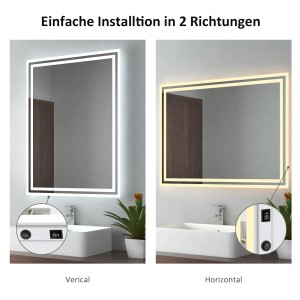 Emke LED Badspiegel 70x50cm mit Kaltweiß/Warmweiß Beleuchtung, vertikal und horizontal montierbar.