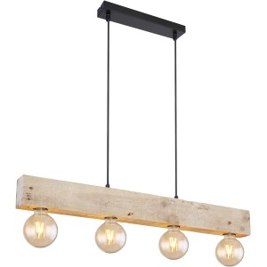 Globo Hängeleuchte ADALIE mit Holzbalken und vier Leuchten, schwarz matt und dunkelbraun.