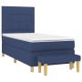 Blaues Boxspringbett (100x200 cm) mit Matratze, Kopfteil und Bank. Stoffbezug.