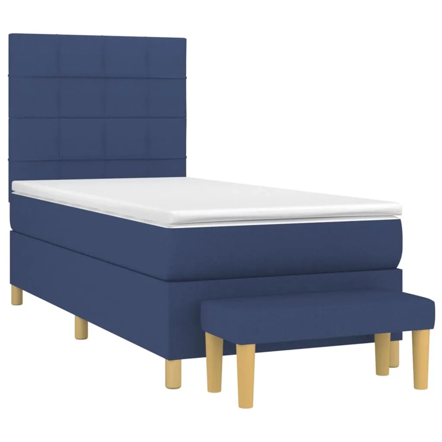 Blaues Boxspringbett (100x200 cm) mit Matratze, Kopfteil und Bank. Stoffbezug.
