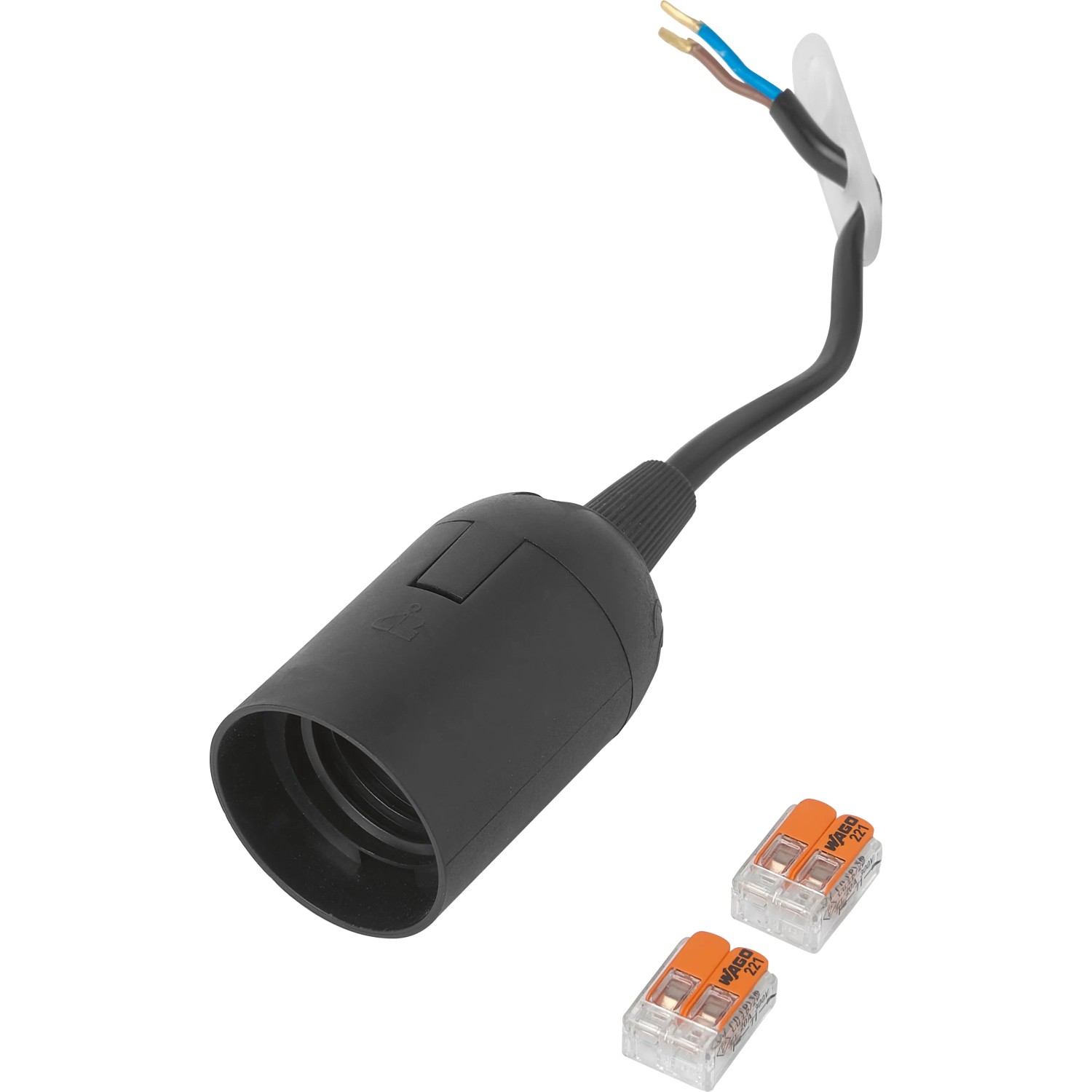 Schwarze E27 Renovierungsfassung mit Kabel und zwei Wago Klemmen für Lampeninstallation.