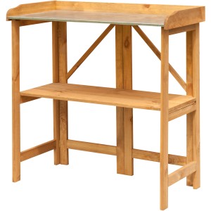 Brauner Kiehn-Holz Pflanztisch aus Kiefernholz mit alubeschichteter Arbeitsfläche und zusätzlichem Regalboden.