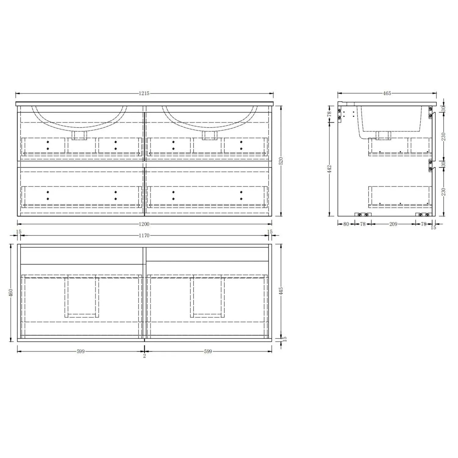 Maßzeichnung Duschparadies Waschbeckenunterschrank Y244X, 120x46x52cm, mit 4 Schubladen. Badmöbel.