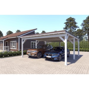 Holzbrüder Doppelcarport Ralf, reinweiß mit dunkelbraunem Blechdach, bietet Platz für zwei Autos.