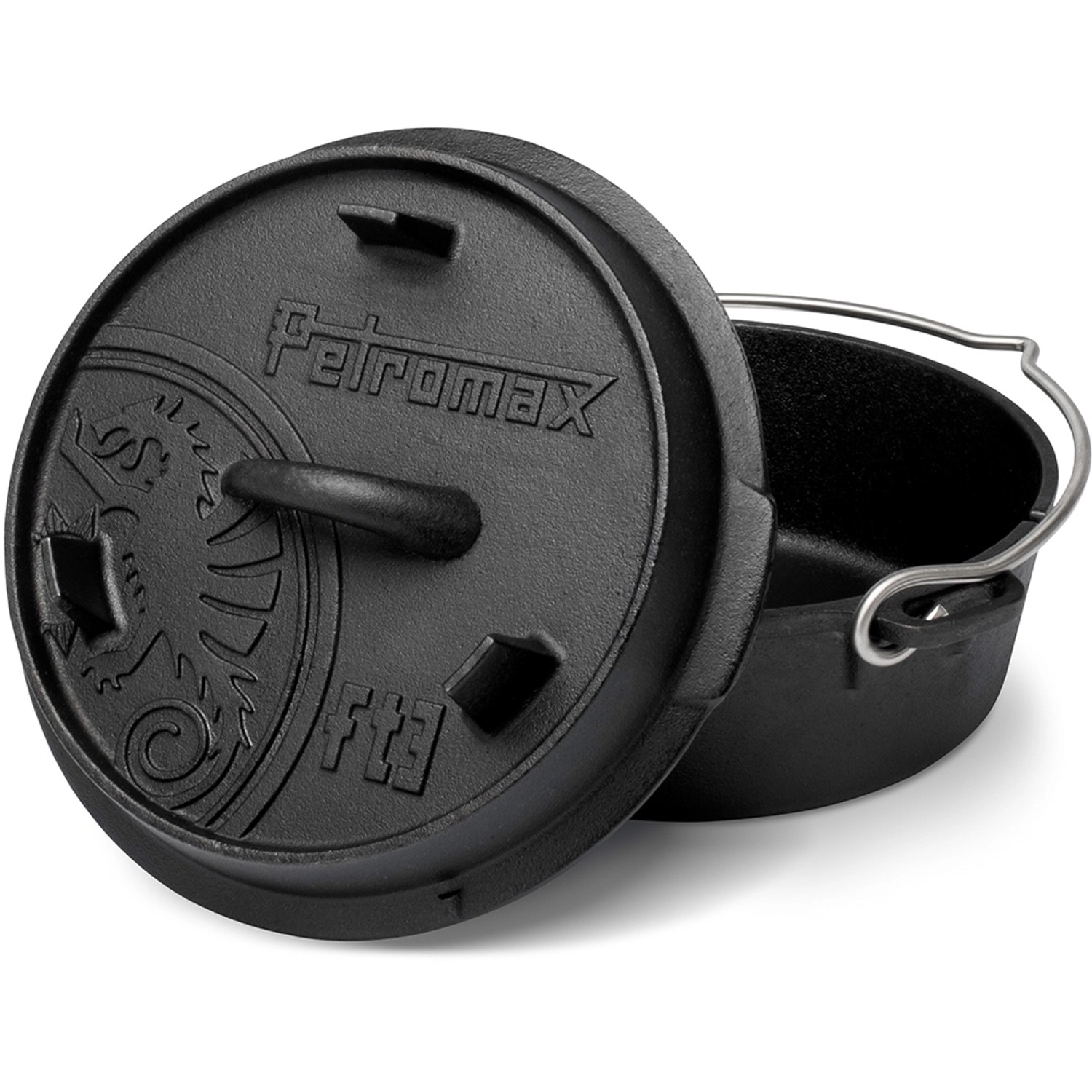 Schwarzer Petromax Dutch Oven FT3 mit Deckel, planem Boden und Henkel. Ideal zum Kochen im Freien.
