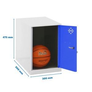PROREGAL Schließfachwürfel AMEGO, blau-weißer Garderobenschrank mit geöffneter Tür und Basketball.