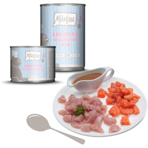 Mjamjam Katzen-Nassfutter: Pute mit Lachs in Soße, dargestellt mit Zutaten und Dosen.