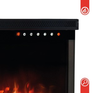 Detailansicht des Kaminio Elektrokamins LEA 3in1 mit Bedienelementen und Flammeneffekt.