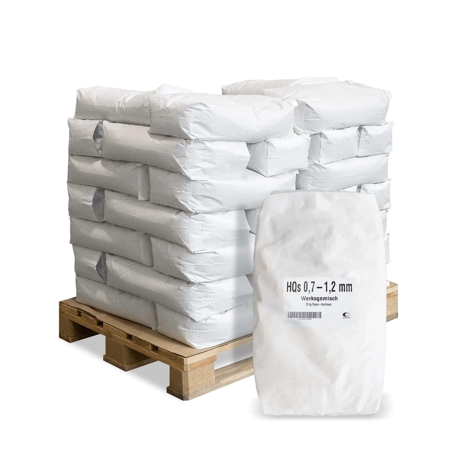 Palette mit 40 weißen 25kg Säcken Galamio Quarzsand 0,7-1,2 mm. Ideal für Gartenbau und Streusand.