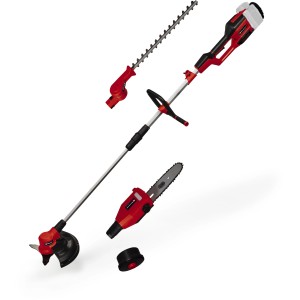 Einhell Akku-Multifunktionswerkzeug GE-LM 36/4in1: Rasentrimmer, Motorsense, Hochentaster und Heckenschere in Rot.