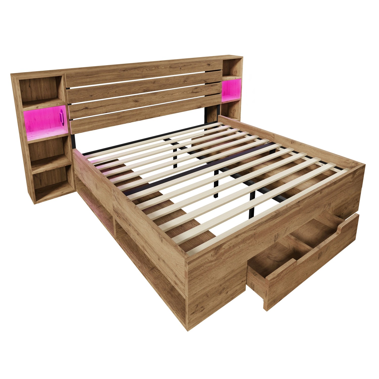 Merax Massivholzbett 160x200cm LED USB Stauraum Eiche