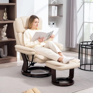 Frau entspannt in cremeweißem HOMCOM Relaxsessel mit Liegefunktion und Fußhocker, 360° drehbar.