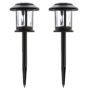 Zwei schwarze Marelida LED Solar Gartenleuchten mit Erdspieß, Glaszylinder und Lichtsensor im 2er Set.