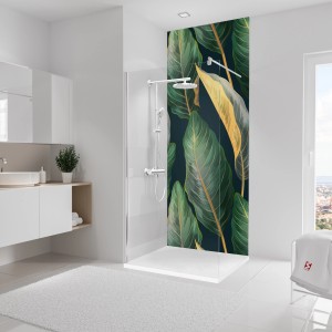 Schulte Duschrückwand DecoDesign Tropenblätter Gold im Badezimmer mit Dusche.