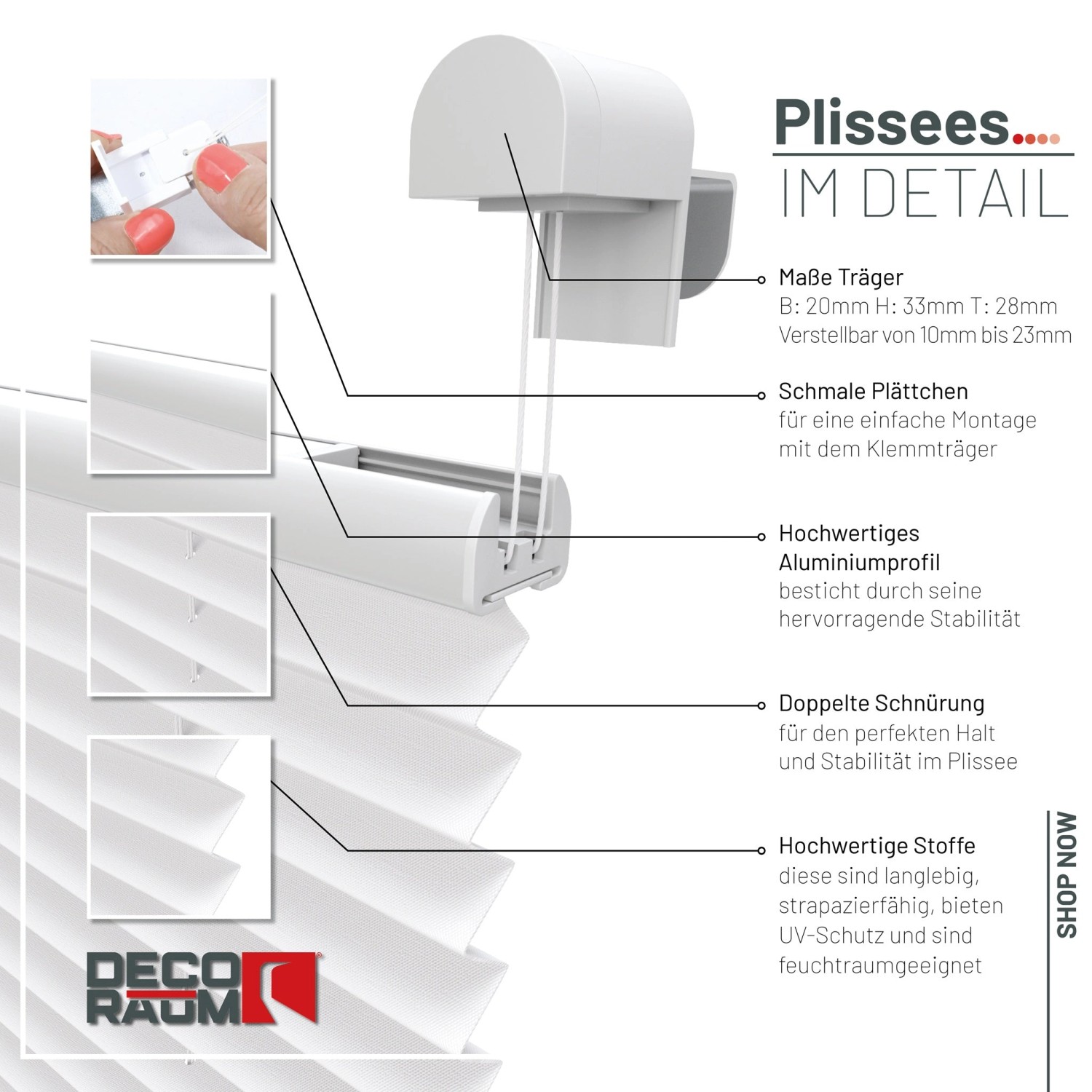 Detailansicht: Weißes Deco-Raum Plissee Basic 45x150cm mit Klemmfix-Montage.