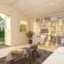 Innenansicht: Grau-anthrazit lackiertes Palmako Gartenhaus Sally mit Fenster und Einrichtung.