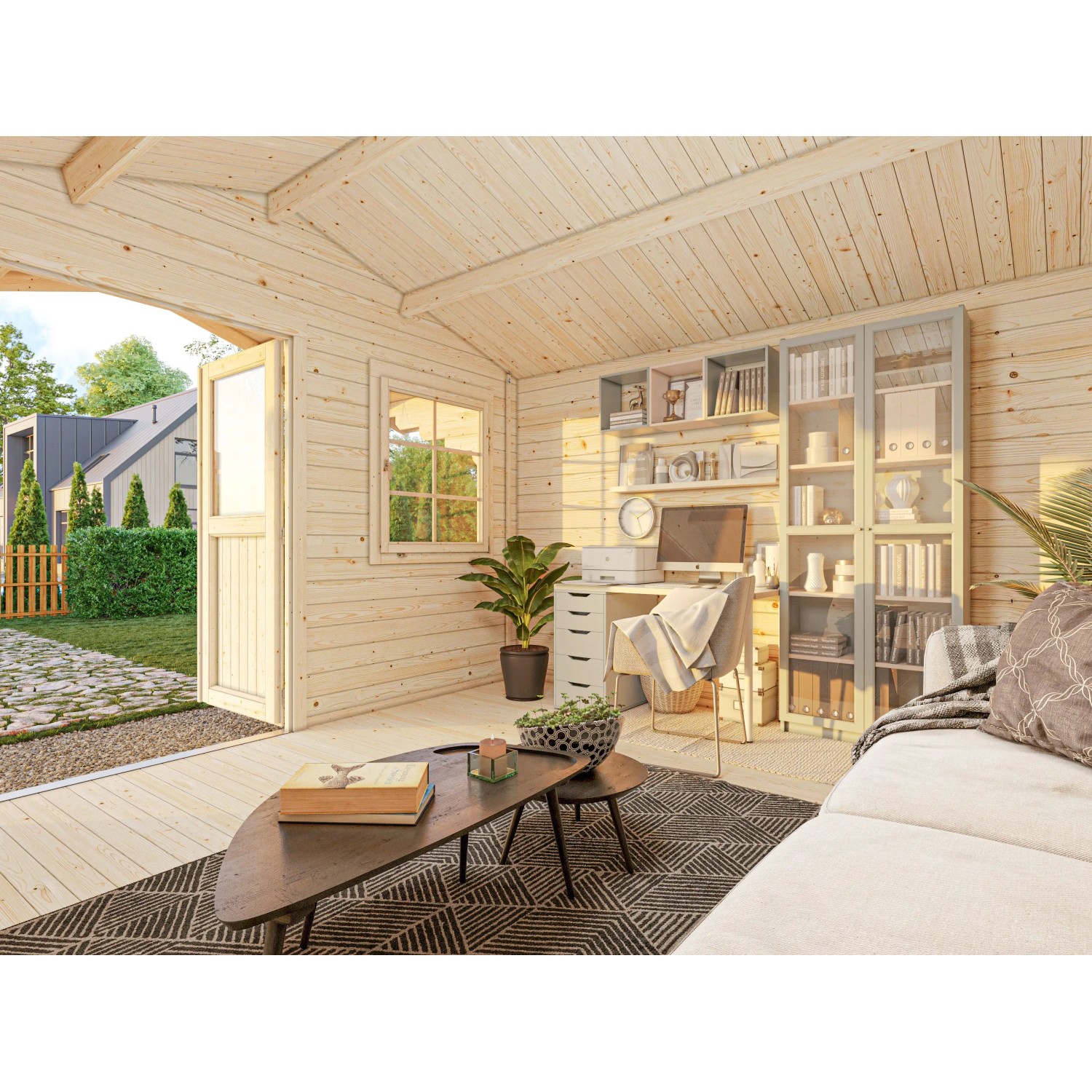 Innenansicht: Grau-anthrazit lackiertes Palmako Gartenhaus Sally mit Fenster und Einrichtung.