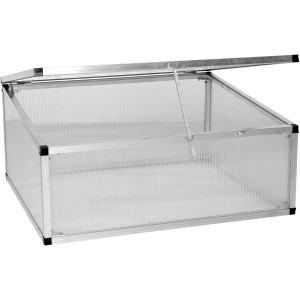 KGT Frühbeet 100 aus Aluminium mit geöffnetem Deckel, Mini-Gewächshaus.