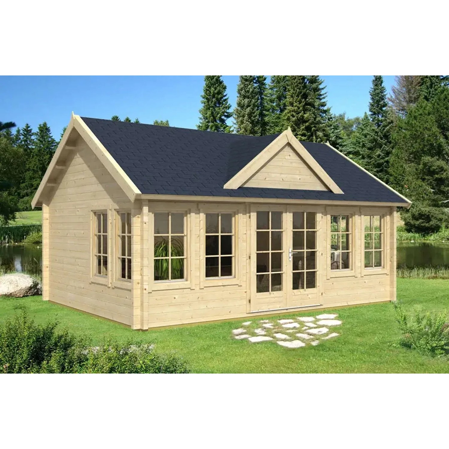 Unbehandeltes Alpholz Gartenhaus Clockhouse-XL mit Satteldach und Anbaudach im Garten.
