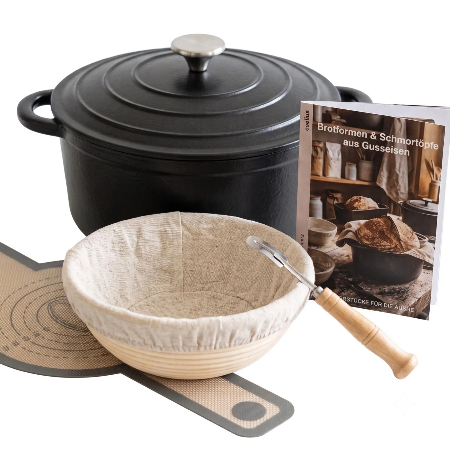 osoltus Brotback Schmortopf Set Gusseisen Topf 26cm 5,9 Liter Emaille Schwarz