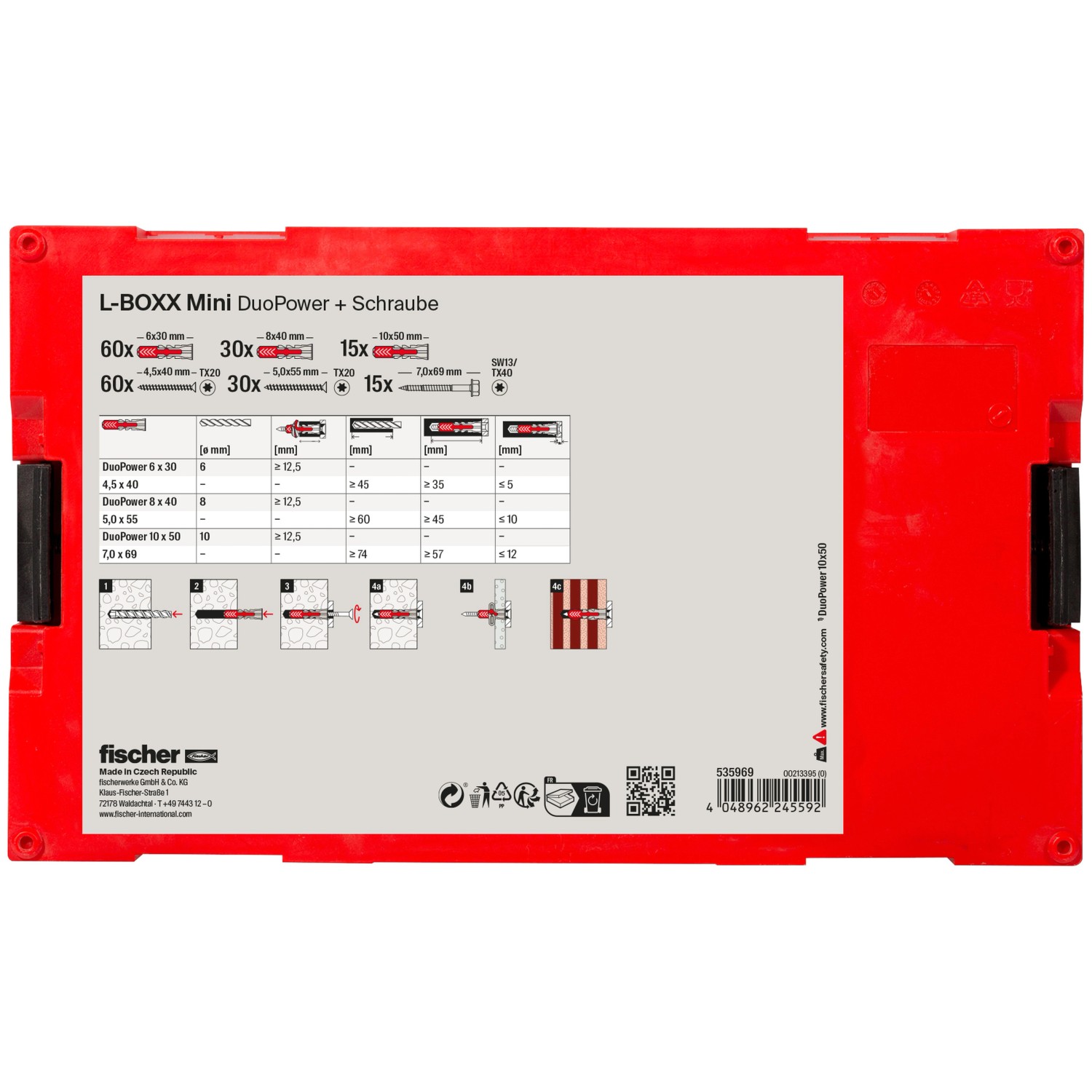 Fischer L-BOXX Mini mit DuoPower Dübeln und Schrauben, 210-teiliges Dübelset in roter Kunststoffbox.