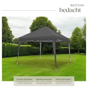 Grauer, wasserabweisender Faltpavillon 3x3m von Tectake im Garten.
