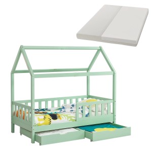 Mintfarbenes Juskys Kinderbett Marli 80x160 cm mit Bettkasten, Matratze und Hausbett-Optik.