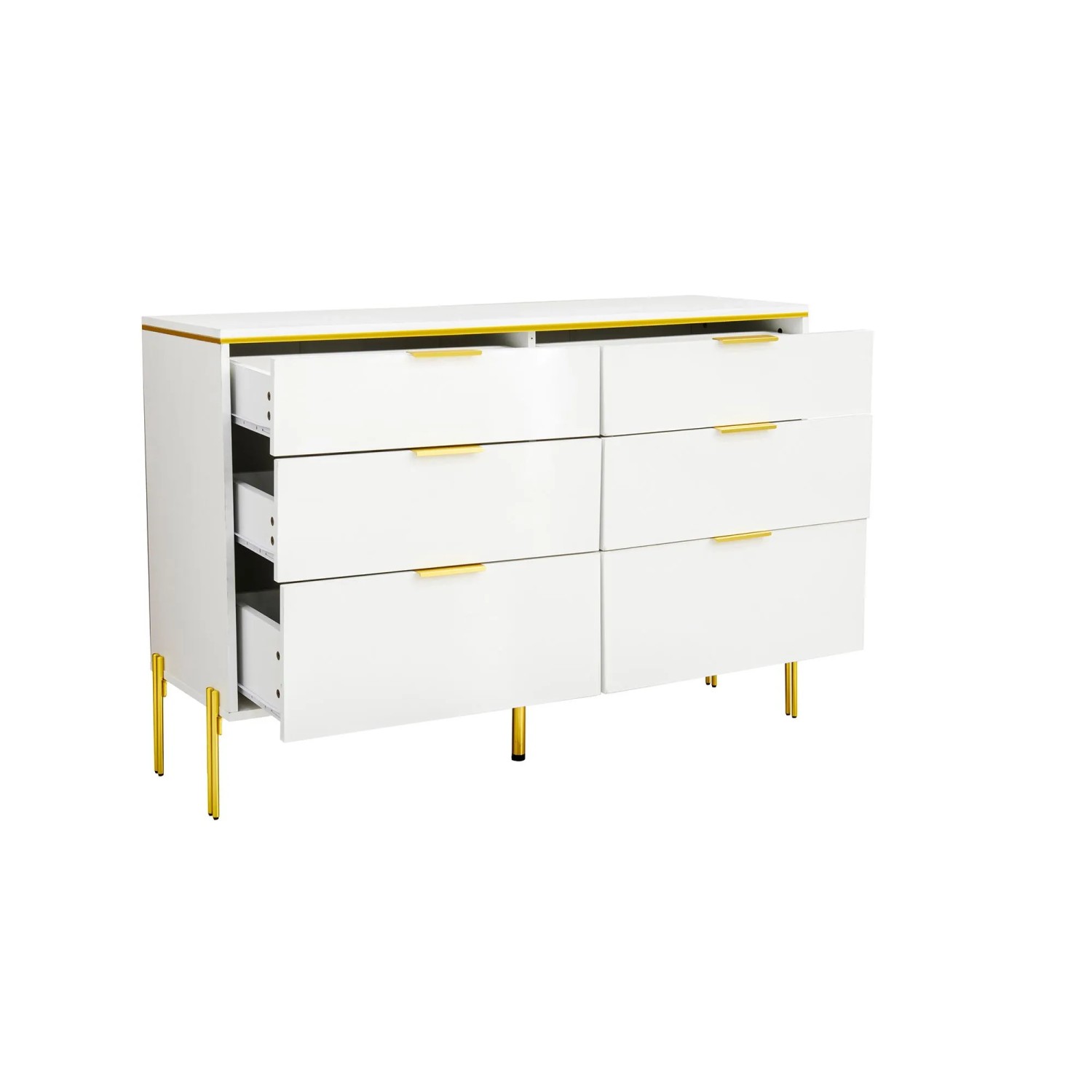 okwish Sideboard mit 6 Schubladen Hochglanz Fronten Wohnzimmer 120x85.5x40cm Weiß Gold