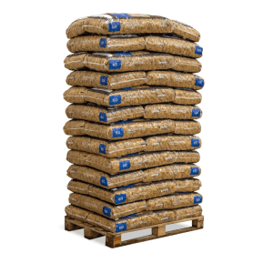 Palette mit 39 Säcken gelber Galamio Holzhackschnitzel (60l) als Mulch für Garten und Beete. Kiefernholz-Mulch.