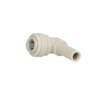 Weißer Ich-Zapfe Winkelverbinder aus Kunststoff für 3/8 Zoll Schlauch und Stange.