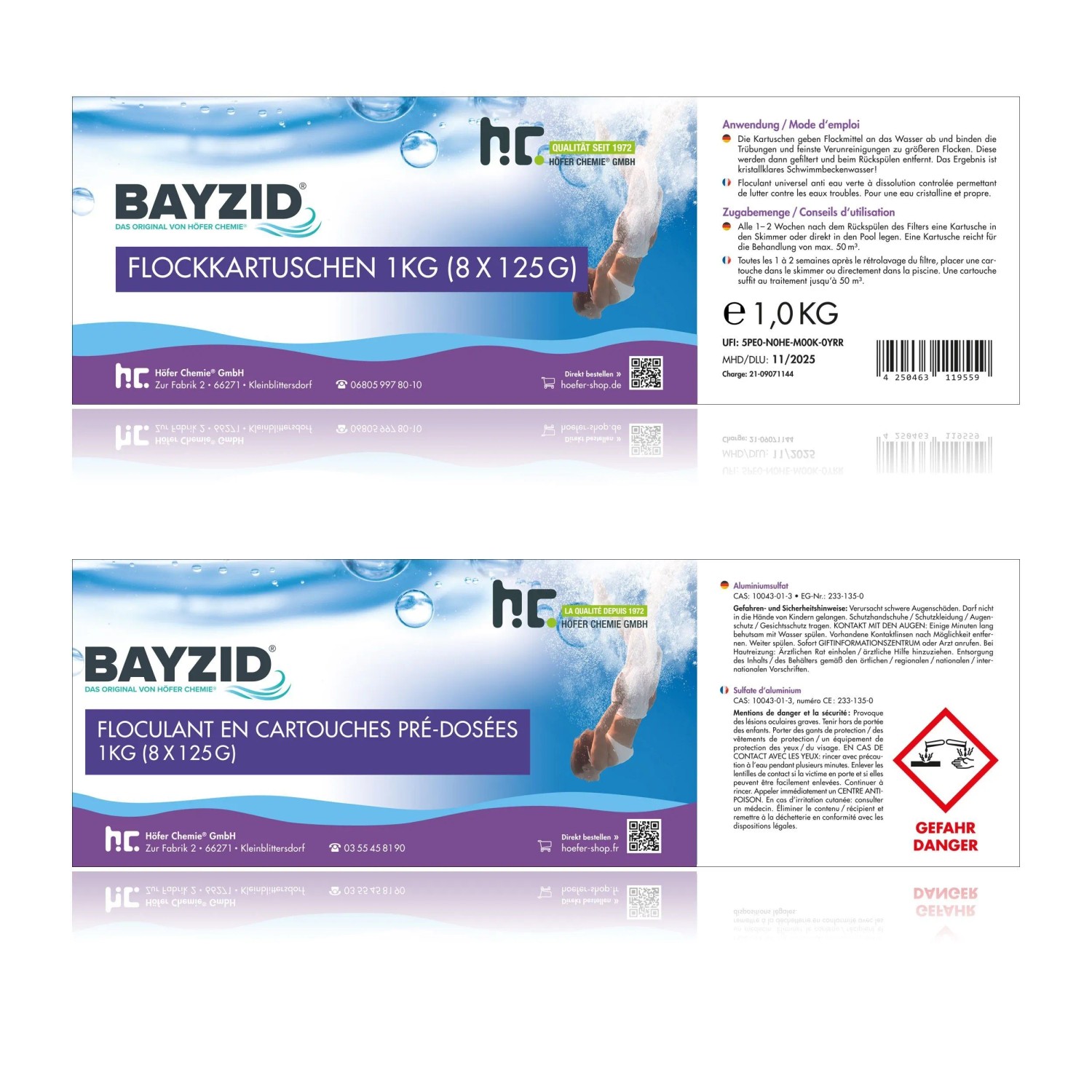 Bayzid Flockkartusche für Pools, 2 x 1 kg Packung. Flockungsmittel zur einfachen Anwendung im Schwimmbad.