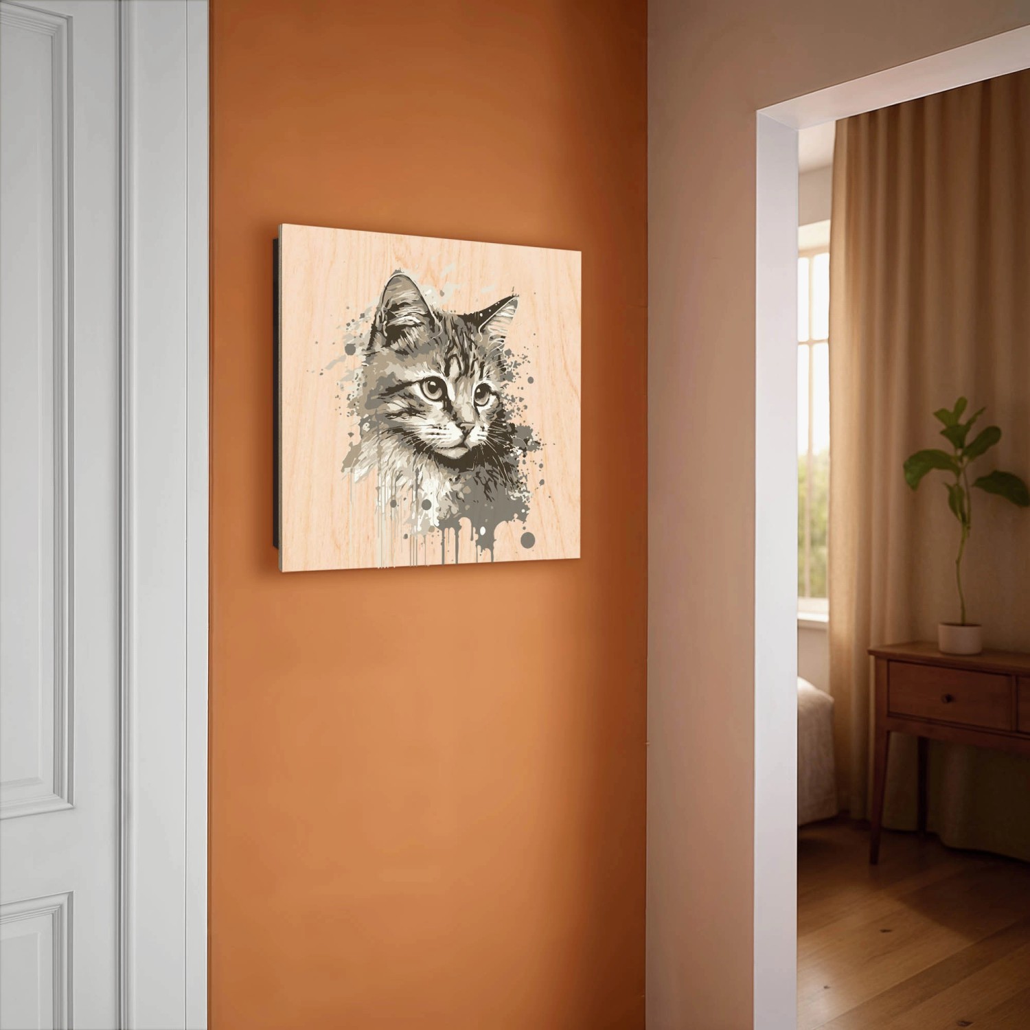 Banjado Schlüsselkasten Holz, 30x30cm, Motiv Katzenportrait in Aquarell. Schlüsselbox für 50 Schlüssel.